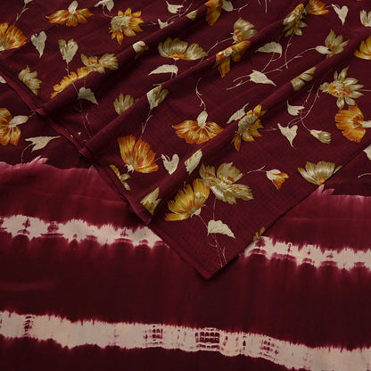 Indian Vintage Maroon Saree Pure Crepe Silk Printed Sari 5yd Sewing Floral Soft Craft Fabric Ethnic Wrap Dress making For Crafting Quilting