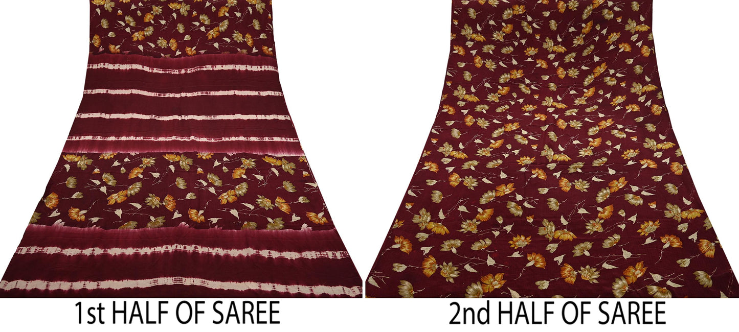 Indian Vintage Maroon Saree Pure Crepe Silk Printed Sari 5yd Sewing Floral Soft Craft Fabric Ethnic Wrap Dress making For Crafting Quilting