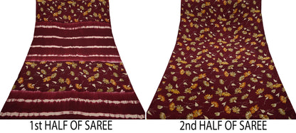 Indian Vintage Maroon Saree Pure Crepe Silk Printed Sari 5yd Sewing Floral Soft Craft Fabric Ethnic Wrap Dress making For Crafting Quilting
