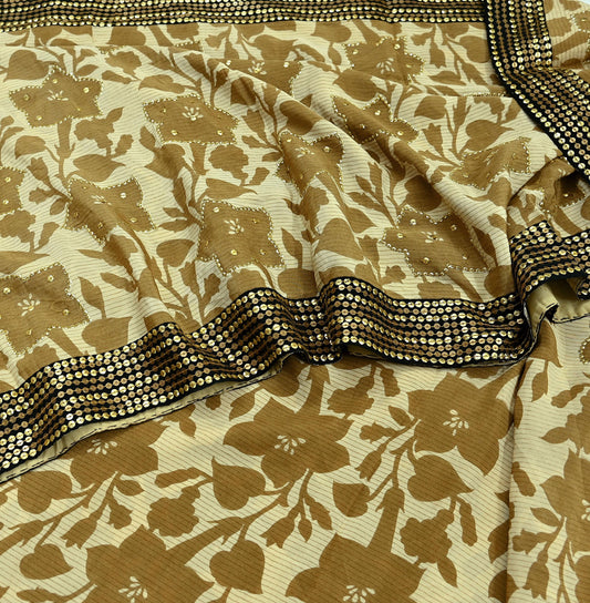 Indian Vintage Sari Beige Pure Crepe Silk Hand Embroidered Sarees 5yd Sewing Craft Fabric Dress Making Floral Sequins Upcycle Quilting