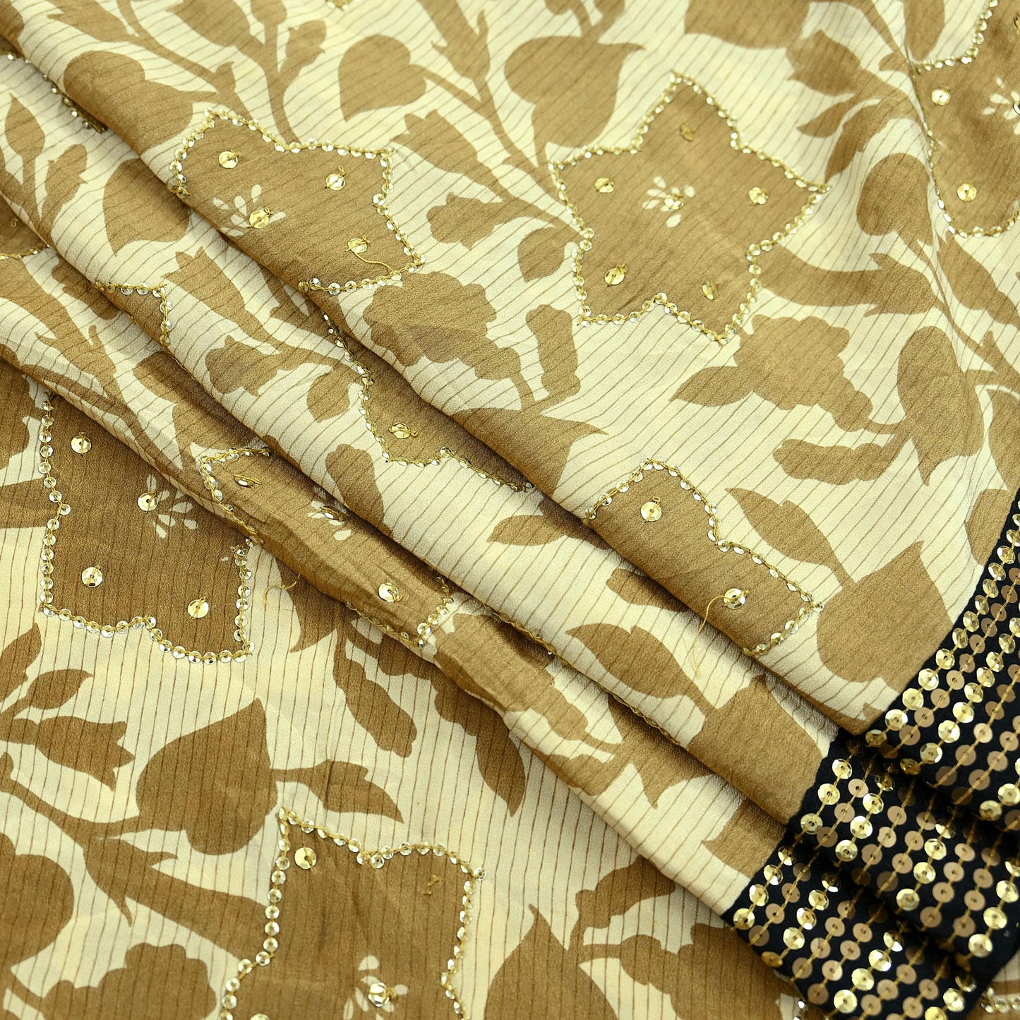 Indian Vintage Sari Beige Pure Crepe Silk Hand Embroidered Sarees 5yd Sewing Craft Fabric Dress Making Floral Sequins Upcycle Quilting