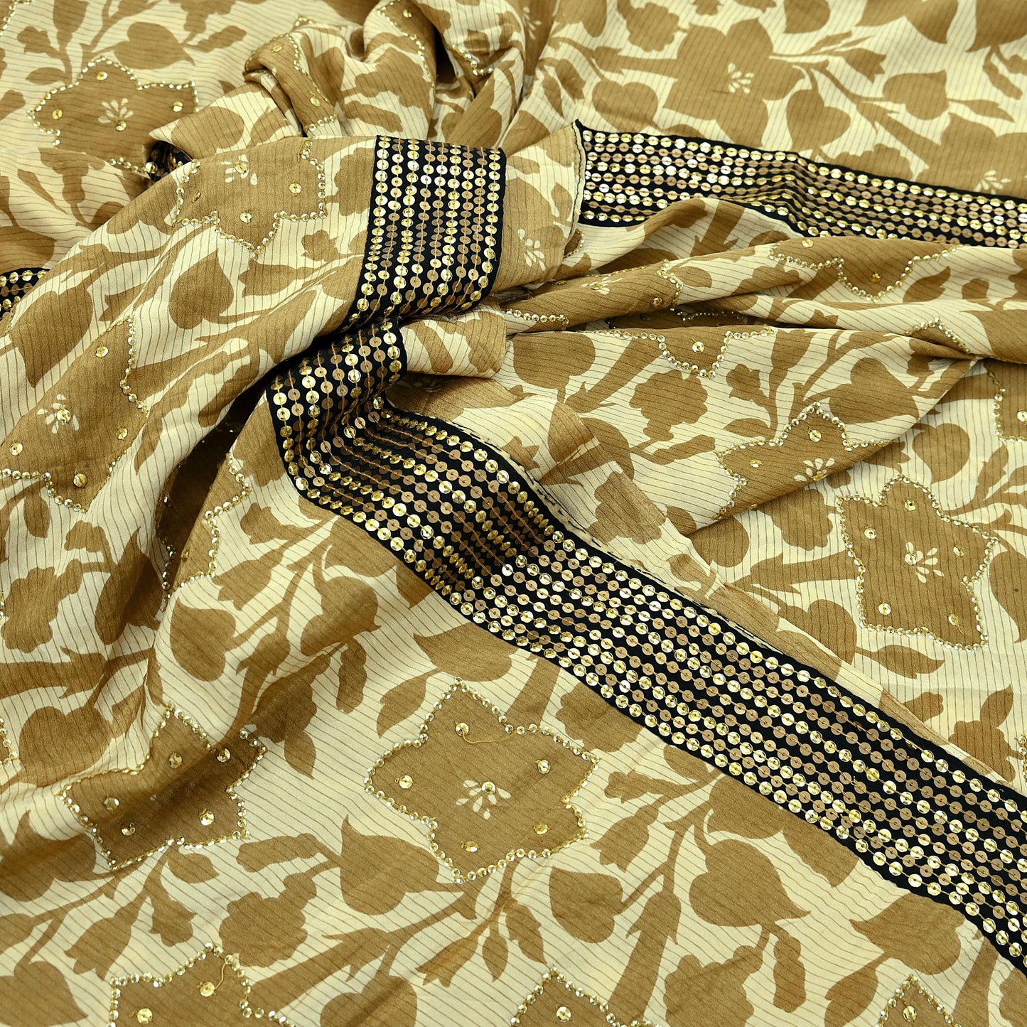 Indian Vintage Sari Beige Pure Crepe Silk Hand Embroidered Sarees 5yd Sewing Craft Fabric Dress Making Floral Sequins Upcycle Quilting