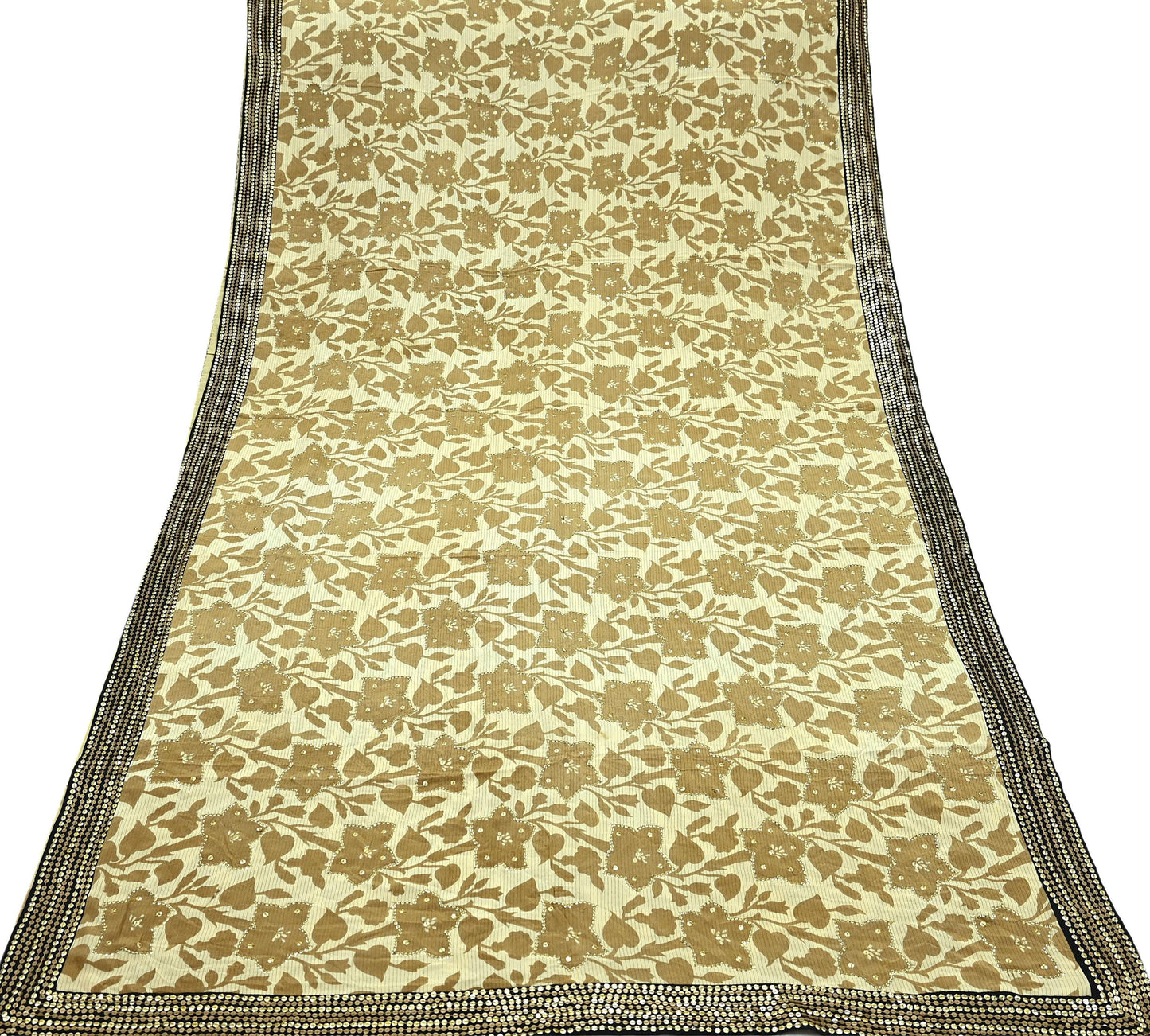 Indian Vintage Sari Beige Pure Crepe Silk Hand Embroidered Sarees 5yd Sewing Craft Fabric Dress Making Floral Sequins Upcycle Quilting