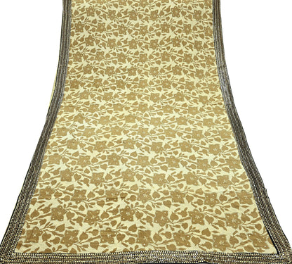 Indian Vintage Sari Beige Pure Crepe Silk Hand Embroidered Sarees 5yd Sewing Craft Fabric Dress Making Floral Sequins Upcycle Quilting
