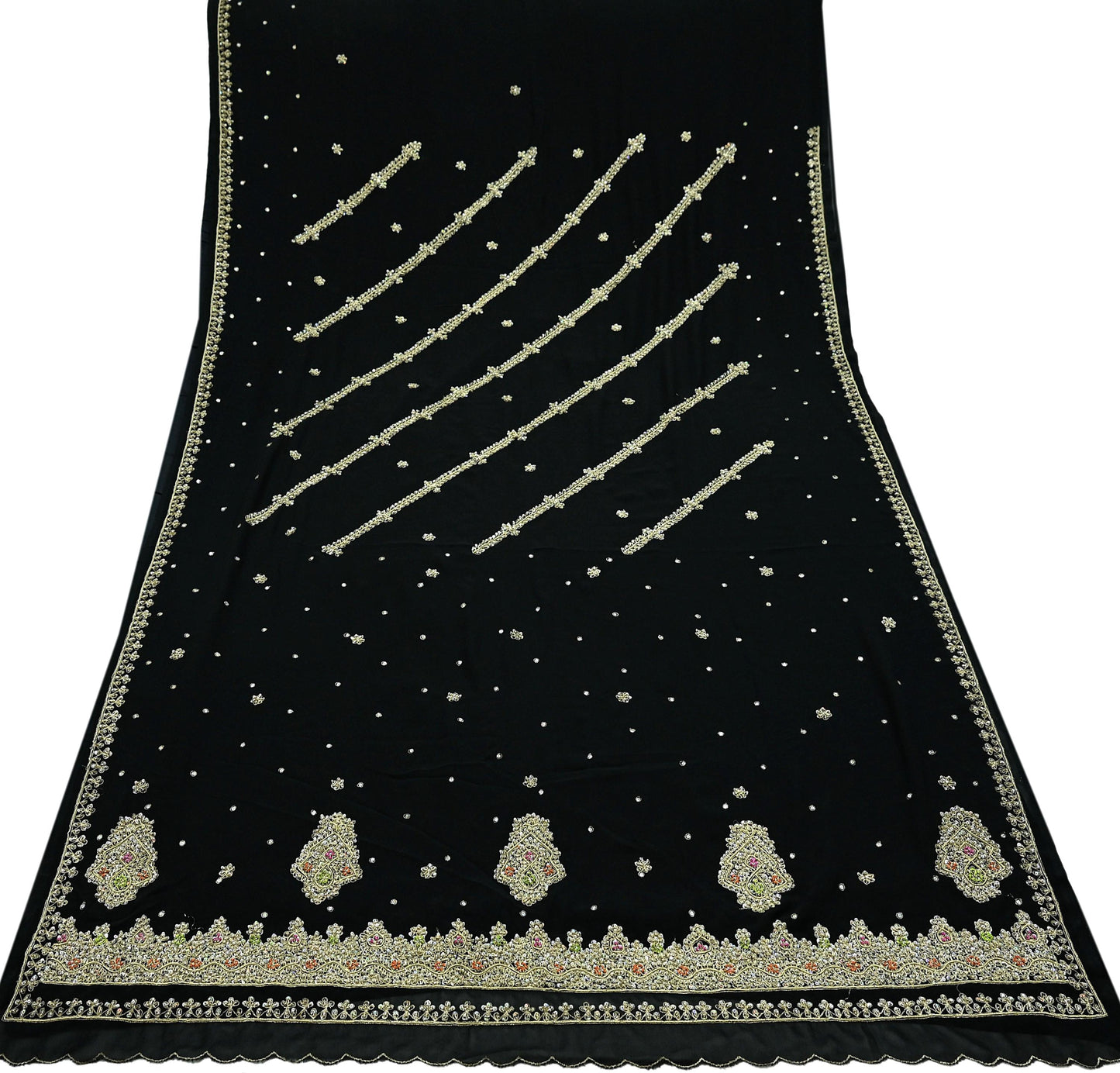 Indian Vintage Black Saree Georgette Hand Embroidered Sari Craft Fabric 5Yd Sewing Soft Ethnic Dress making Crafting Quilting Dabka