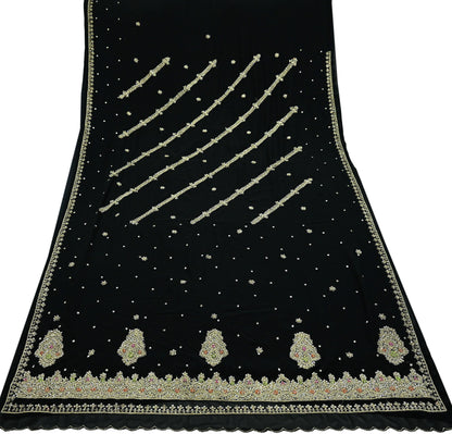 Indian Vintage Black Saree Georgette Hand Embroidered Sari Craft Fabric 5Yd Sewing Soft Ethnic Dress making Crafting Quilting Dabka