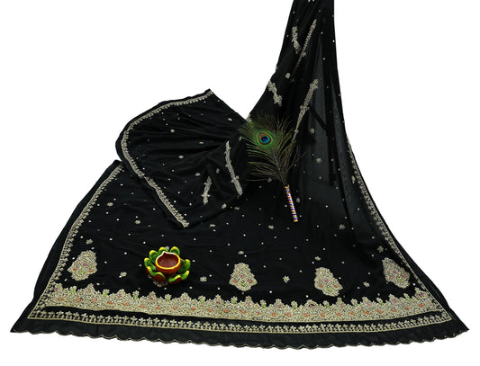 Indian Vintage Black Saree Georgette Hand Embroidered Sari Craft Fabric 5Yd Sewing Soft Ethnic Dress making Crafting Quilting Dabka