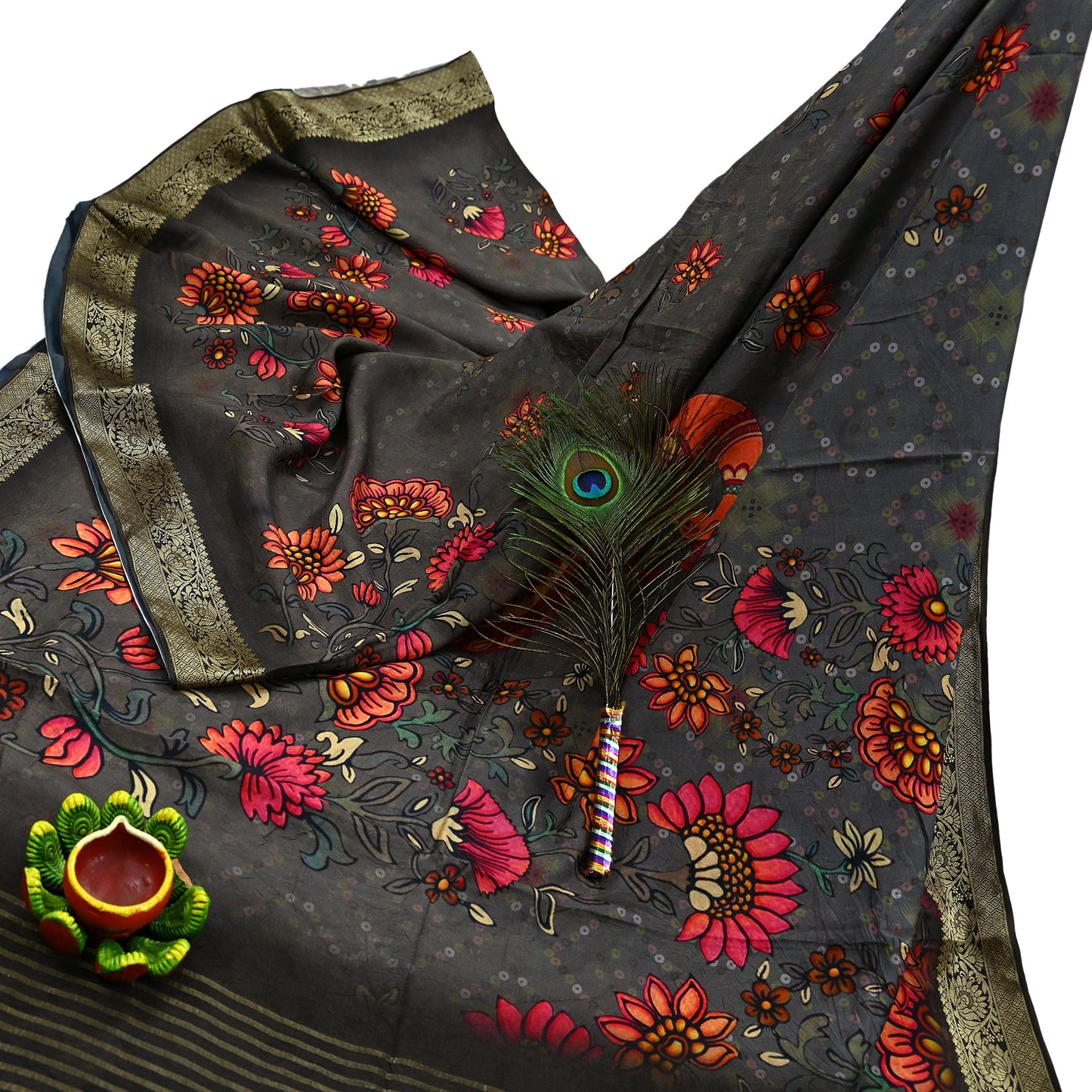 Indian Vintage Sari Brown Blend Silk Woven Digital Printed Saree Craft Fabric 6yd Sewing Soft Dress Designing Crafting Quilting Zari Border