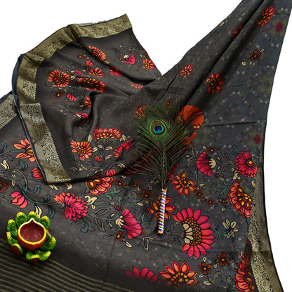 Indian Vintage Sari Brown Blend Silk Woven Digital Printed Saree Craft Fabric 6yd Sewing Soft Dress Designing Crafting Quilting Zari Border