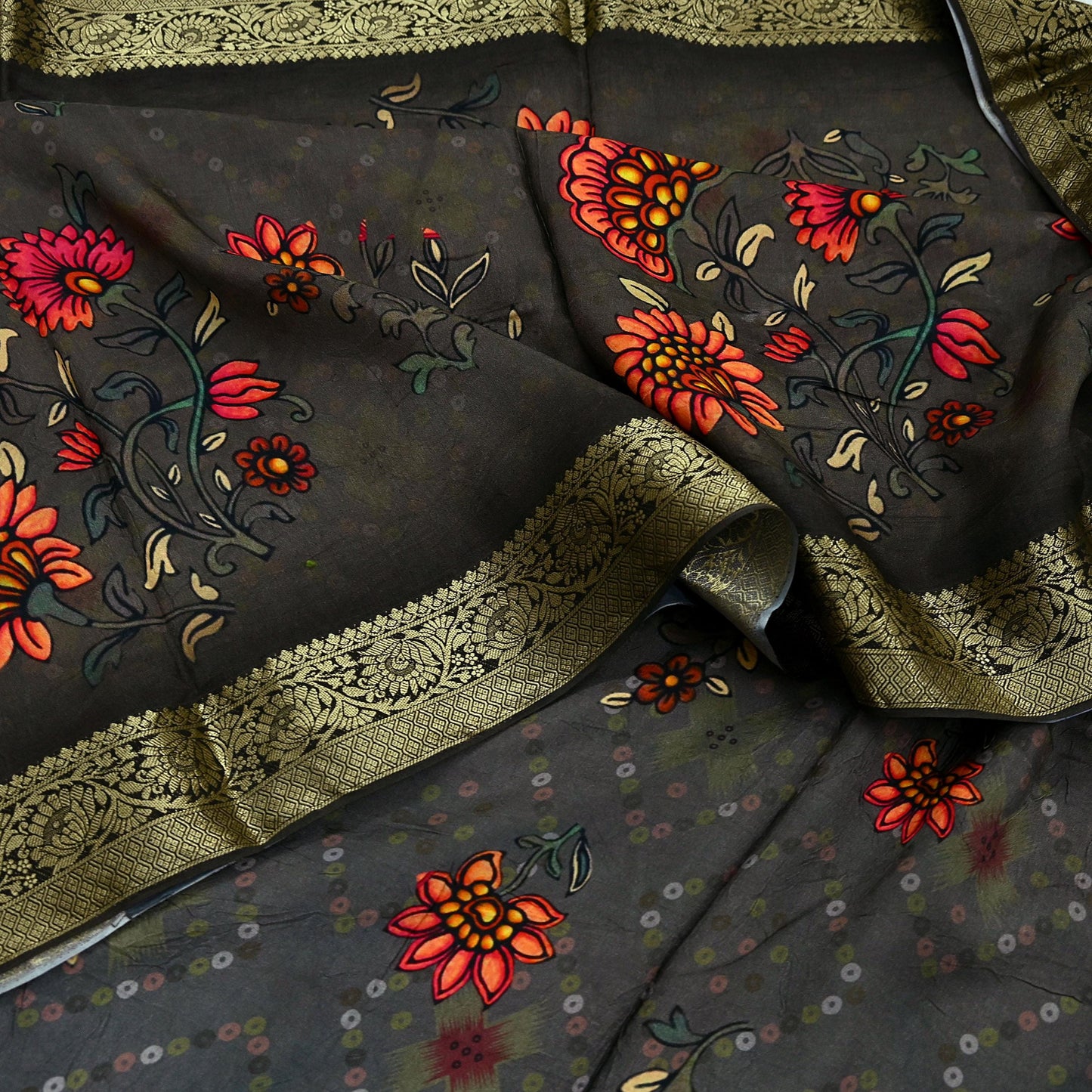 Indian Vintage Sari Brown Blend Silk Woven Digital Printed Saree Craft Fabric 6yd Sewing Soft Dress Designing Crafting Quilting Zari Border