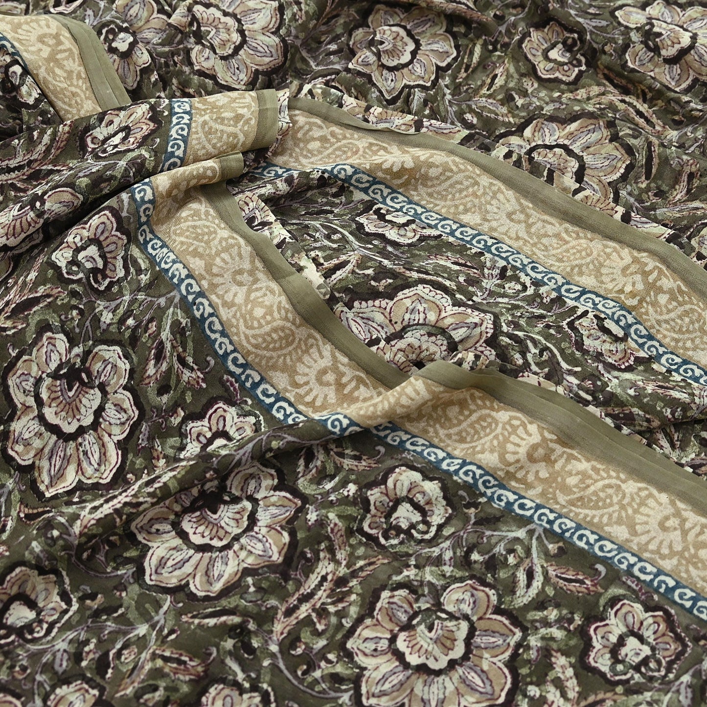 Women Vintage Sari Green & Brown Pure Georgette Silk Block Printed Saree Craft Fabric Sewing 5Yd Soft Light Dress Making Floral