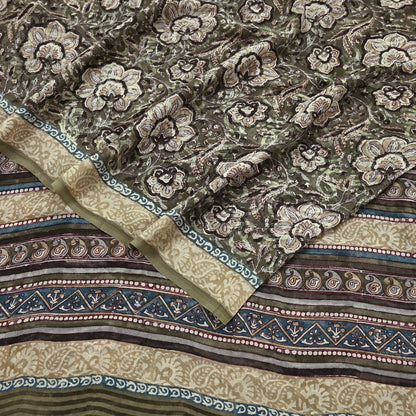 Women Vintage Sari Green & Brown Pure Georgette Silk Block Printed Saree Craft Fabric Sewing 5Yd Soft Light Dress Making Floral
