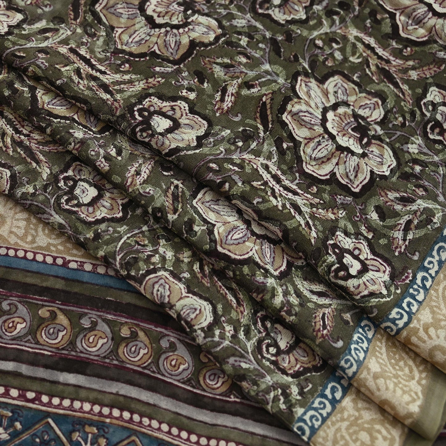 Women Vintage Sari Green & Brown Pure Georgette Silk Block Printed Saree Craft Fabric Sewing 5Yd Soft Light Dress Making Floral