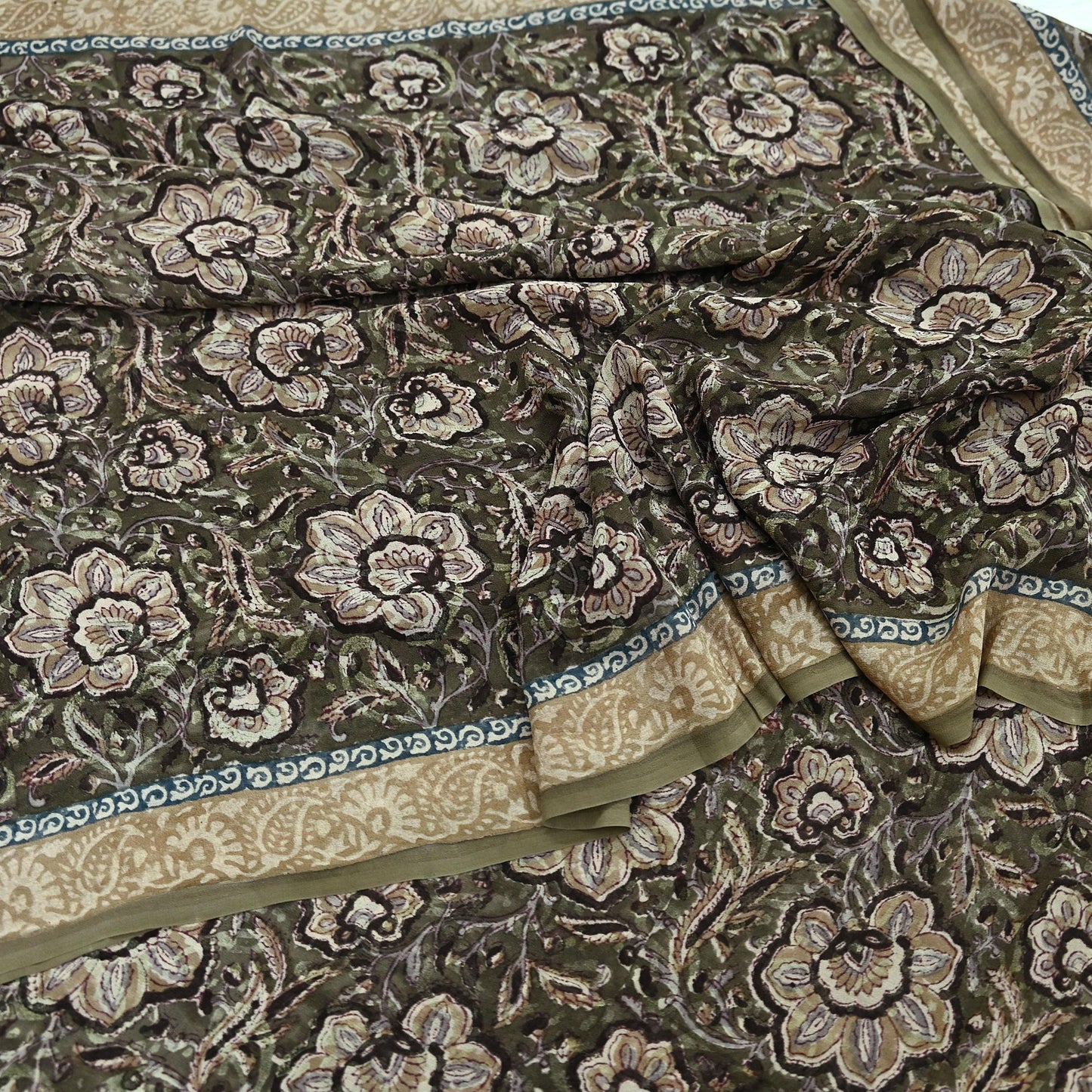Women Vintage Sari Green & Brown Pure Georgette Silk Block Printed Saree Craft Fabric Sewing 5Yd Soft Light Dress Making Floral