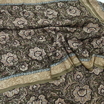 Women Vintage Sari Green & Brown Pure Georgette Silk Block Printed Saree Craft Fabric Sewing 5Yd Soft Light Dress Making Floral