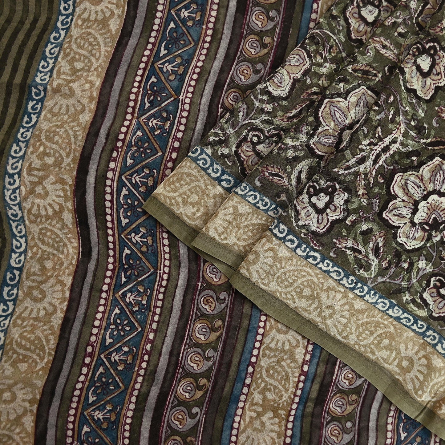 Women Vintage Sari Green & Brown Pure Georgette Silk Block Printed Saree Craft Fabric Sewing 5Yd Soft Light Dress Making Floral