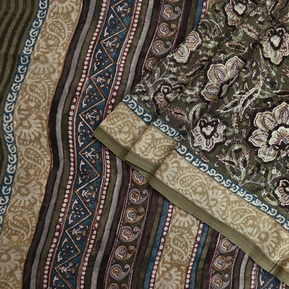 Women Vintage Sari Green & Brown Pure Georgette Silk Block Printed Saree Craft Fabric Sewing 5Yd Soft Light Dress Making Floral