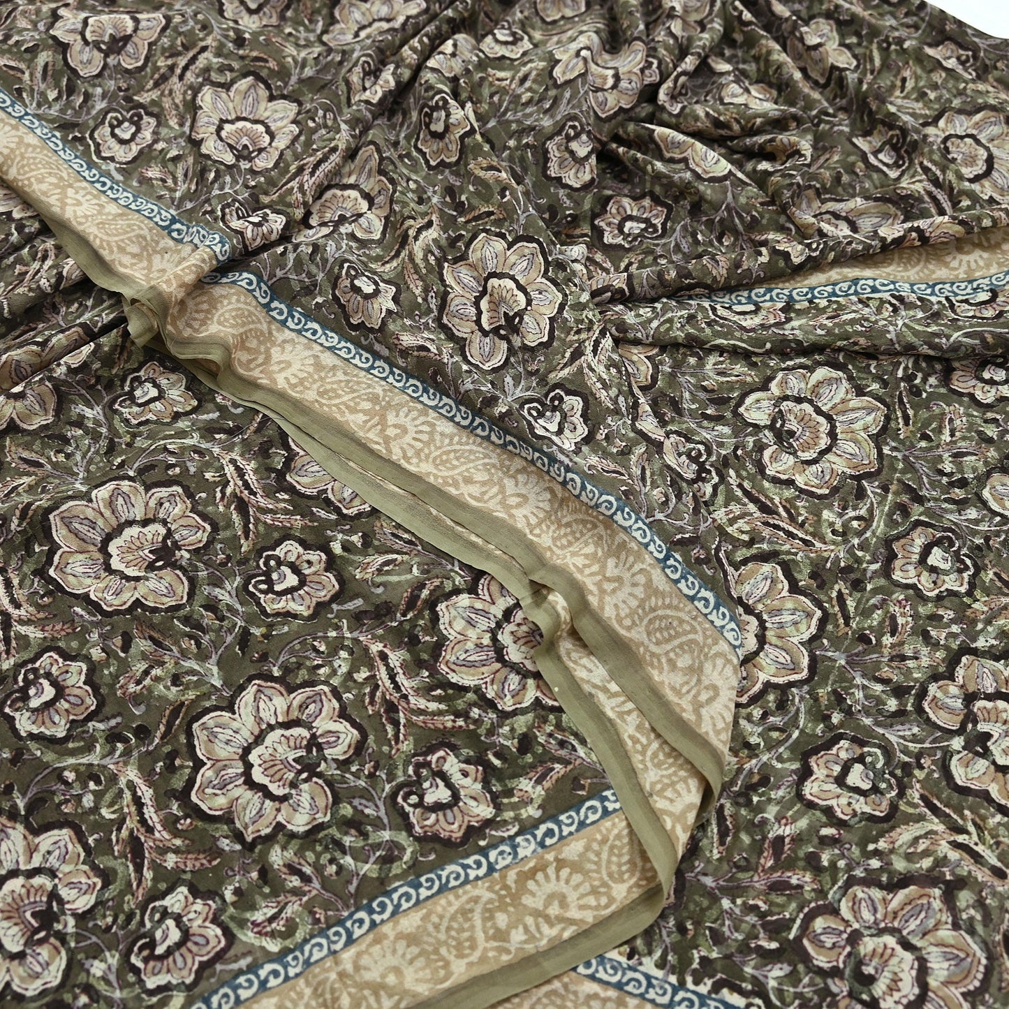 Women Vintage Sari Green & Brown Pure Georgette Silk Block Printed Saree Craft Fabric Sewing 5Yd Soft Light Dress Making Floral
