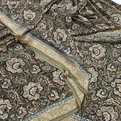 Women Vintage Sari Green & Brown Pure Georgette Silk Block Printed Saree Craft Fabric Sewing 5Yd Soft Light Dress Making Floral