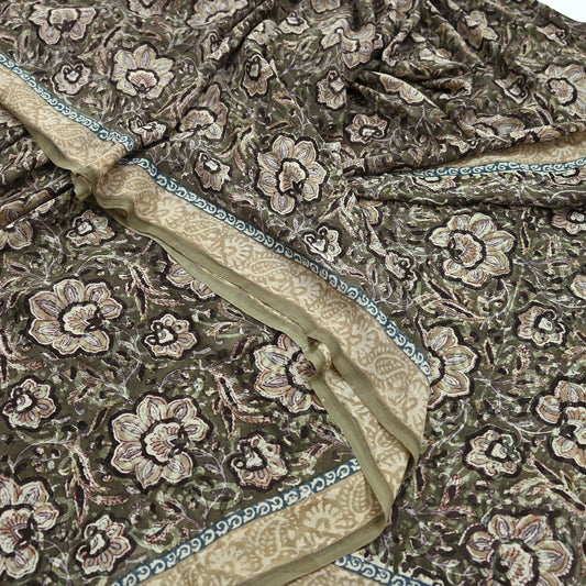 Women Vintage Sari Green & Brown Pure Georgette Silk Block Printed Saree Craft Fabric Sewing 5Yd Soft Light Dress Making Floral