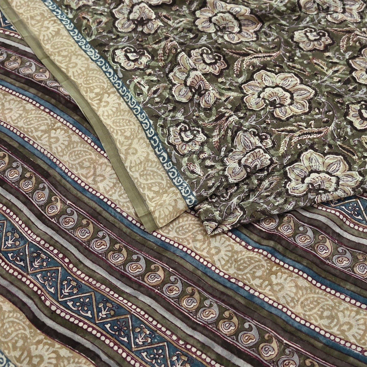 Women Vintage Sari Green & Brown Pure Georgette Silk Block Printed Saree Craft Fabric Sewing 5Yd Soft Light Dress Making Floral