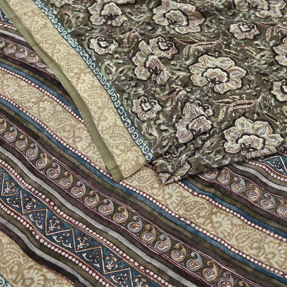 Women Vintage Sari Green & Brown Pure Georgette Silk Block Printed Saree Craft Fabric Sewing 5Yd Soft Light Dress Making Floral