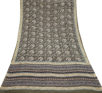 Women Vintage Sari Green & Brown Pure Georgette Silk Block Printed Saree Craft Fabric Sewing 5Yd Soft Light Dress Making Floral