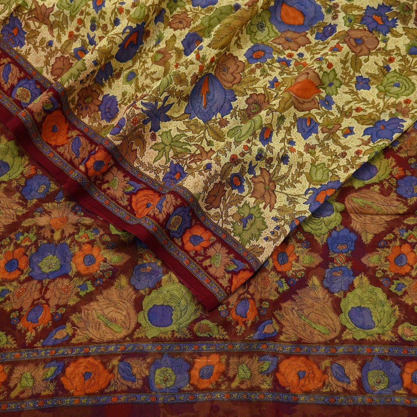 Indian Vintage Sari Beige & Maroon Pure Georgette Silk Printed Sarees Craft Fabric Sewing 5Yd Soft Dress Making Crafting Quilting Upcycle