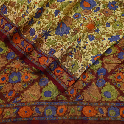 Indian Vintage Sari Beige & Maroon Pure Georgette Silk Printed Sarees Craft Fabric Sewing 5Yd Soft Dress Making Crafting Quilting Upcycle