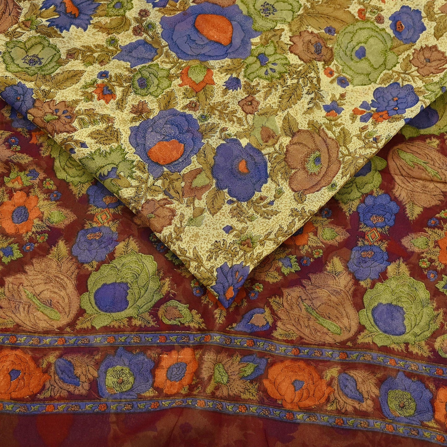 Indian Vintage Sari Beige & Maroon Pure Georgette Silk Printed Sarees Craft Fabric Sewing 5Yd Soft Dress Making Crafting Quilting Upcycle