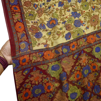 Indian Vintage Sari Beige & Maroon Pure Georgette Silk Printed Sarees Craft Fabric Sewing 5Yd Soft Dress Making Crafting Quilting Upcycle