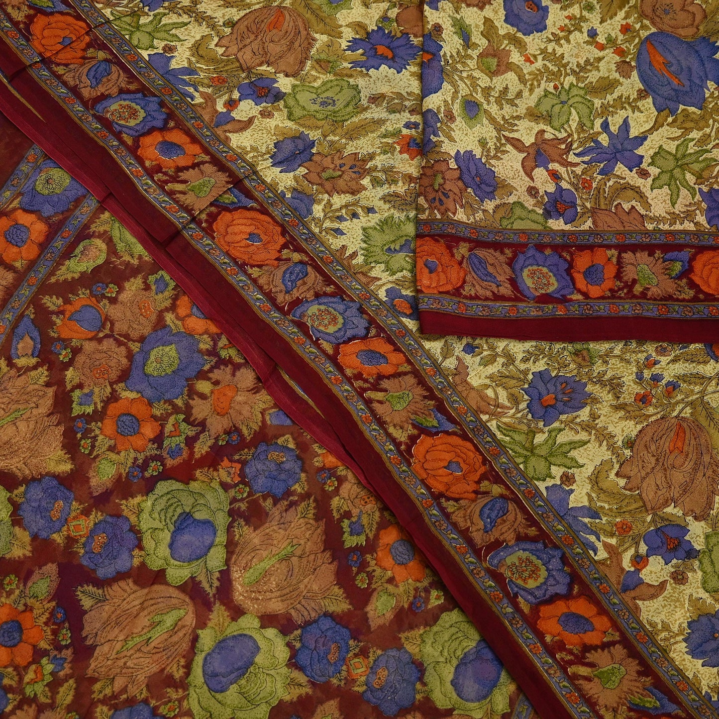 Indian Vintage Sari Beige & Maroon Pure Georgette Silk Printed Sarees Craft Fabric Sewing 5Yd Soft Dress Making Crafting Quilting Upcycle