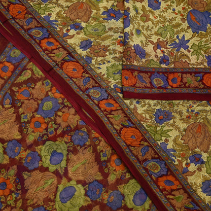 Indian Vintage Sari Beige & Maroon Pure Georgette Silk Printed Sarees Craft Fabric Sewing 5Yd Soft Dress Making Crafting Quilting Upcycle