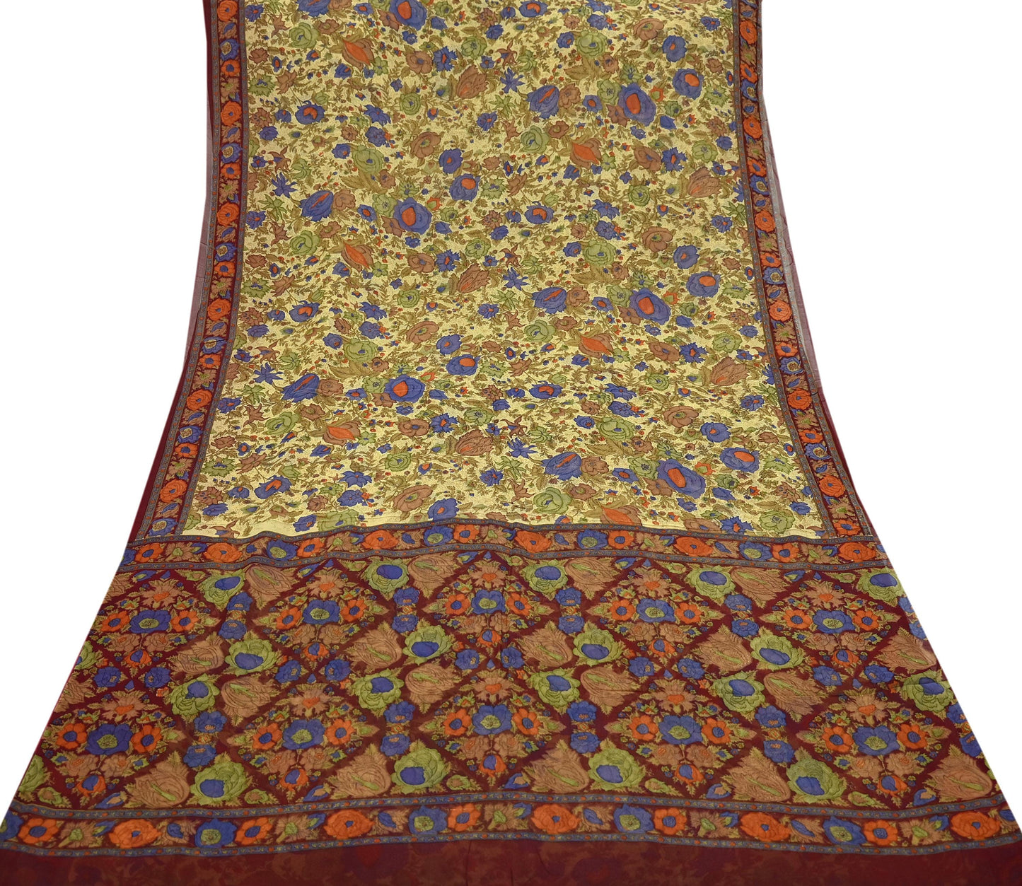 Indian Vintage Sari Beige & Maroon Pure Georgette Silk Printed Sarees Craft Fabric Sewing 5Yd Soft Dress Making Crafting Quilting Upcycle