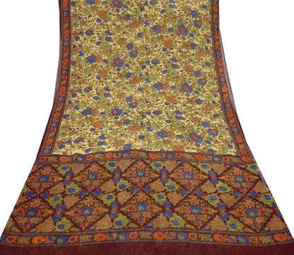 Indian Vintage Sari Beige & Maroon Pure Georgette Silk Printed Sarees Craft Fabric Sewing 5Yd Soft Dress Making Crafting Quilting Upcycle
