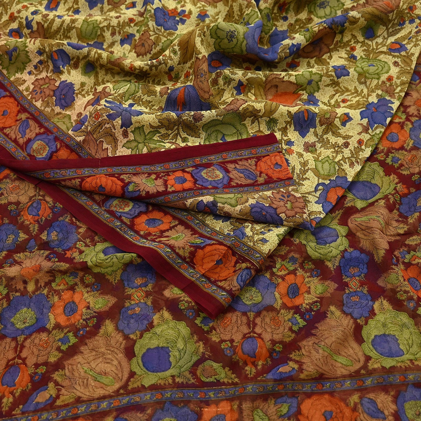 Indian Vintage Sari Beige & Maroon Pure Georgette Silk Printed Sarees Craft Fabric Sewing 5Yd Soft Dress Making Crafting Quilting Upcycle