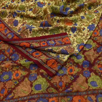 Indian Vintage Sari Beige & Maroon Pure Georgette Silk Printed Sarees Craft Fabric Sewing 5Yd Soft Dress Making Crafting Quilting Upcycle