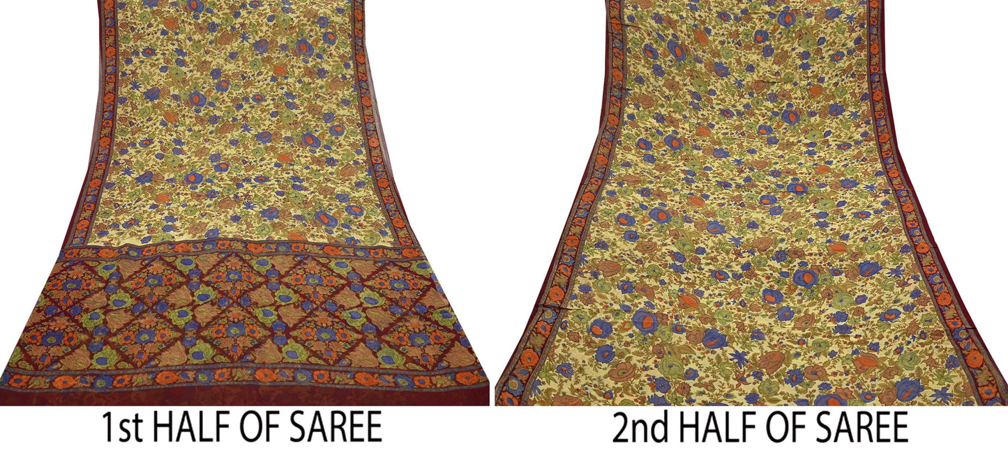 Indian Vintage Sari Beige & Maroon Pure Georgette Silk Printed Sarees Craft Fabric Sewing 5Yd Soft Dress Making Crafting Quilting Upcycle