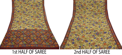 Indian Vintage Sari Beige & Maroon Pure Georgette Silk Printed Sarees Craft Fabric Sewing 5Yd Soft Dress Making Crafting Quilting Upcycle