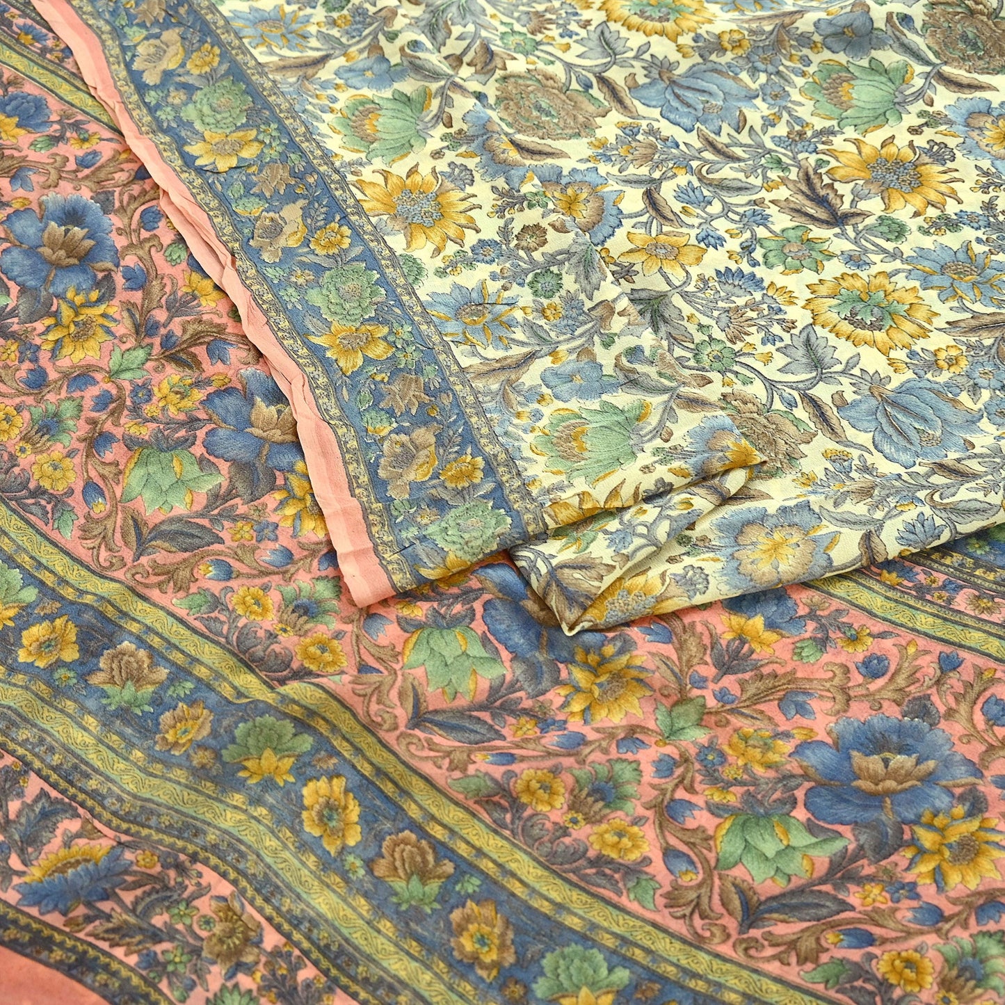 Indian Vintage Sari Beige & Peach Pure Georgette Silk Printed Sarees 6Yd Craft Fabric Sewing Quilting Dress making Crafting Quilting Upcycle