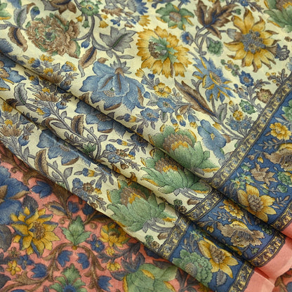 Indian Vintage Sari Beige & Peach Pure Georgette Silk Printed Sarees 6Yd Craft Fabric Sewing Quilting Dress making Crafting Quilting Upcycle