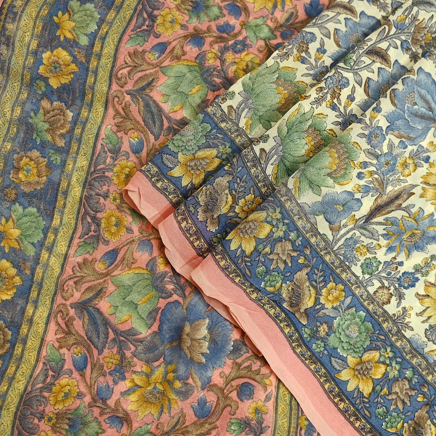 Indian Vintage Sari Beige & Peach Pure Georgette Silk Printed Sarees 6Yd Craft Fabric Sewing Quilting Dress making Crafting Quilting Upcycle