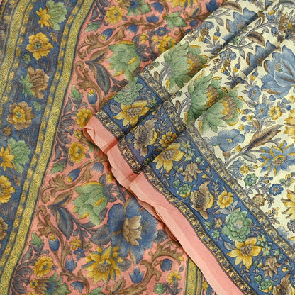 Indian Vintage Sari Beige & Peach Pure Georgette Silk Printed Sarees 6Yd Craft Fabric Sewing Quilting Dress making Crafting Quilting Upcycle