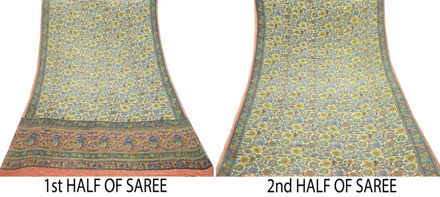 Indian Vintage Sari Beige & Peach Pure Georgette Silk Printed Sarees 6Yd Craft Fabric Sewing Quilting Dress making Crafting Quilting Upcycle