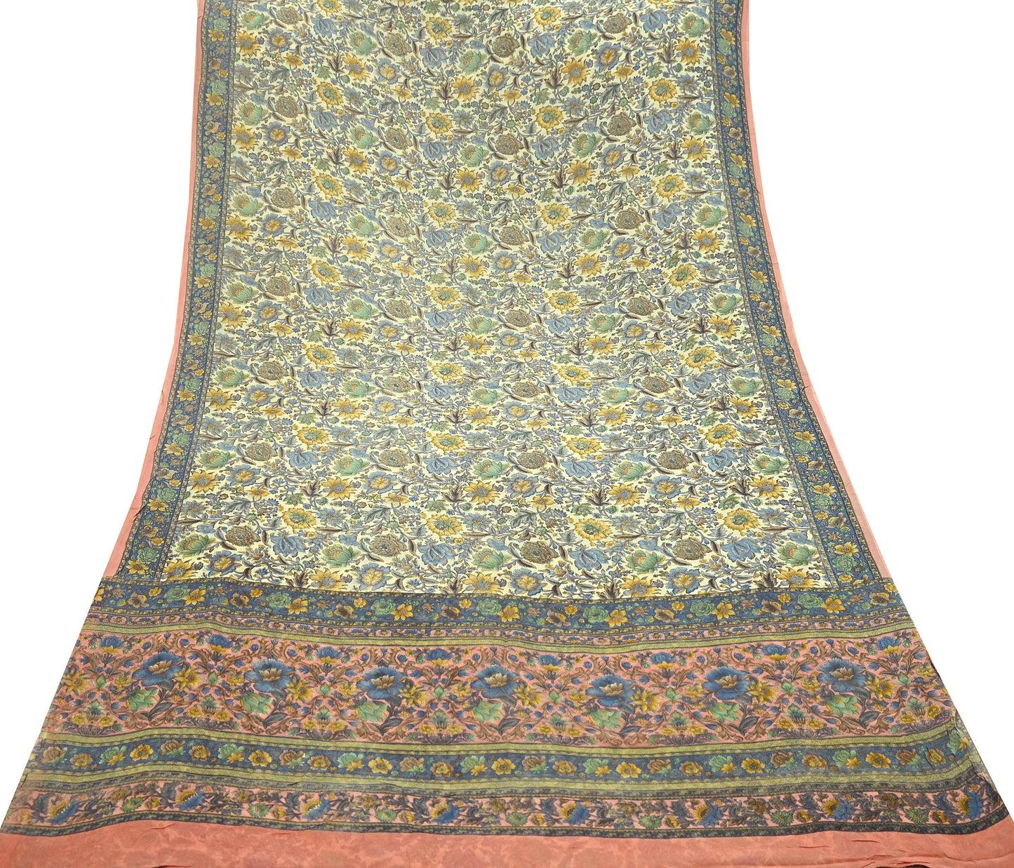 Indian Vintage Sari Beige & Peach Pure Georgette Silk Printed Sarees 6Yd Craft Fabric Sewing Quilting Dress making Crafting Quilting Upcycle