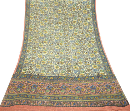 Indian Vintage Sari Beige & Peach Pure Georgette Silk Printed Sarees 6Yd Craft Fabric Sewing Quilting Dress making Crafting Quilting Upcycle