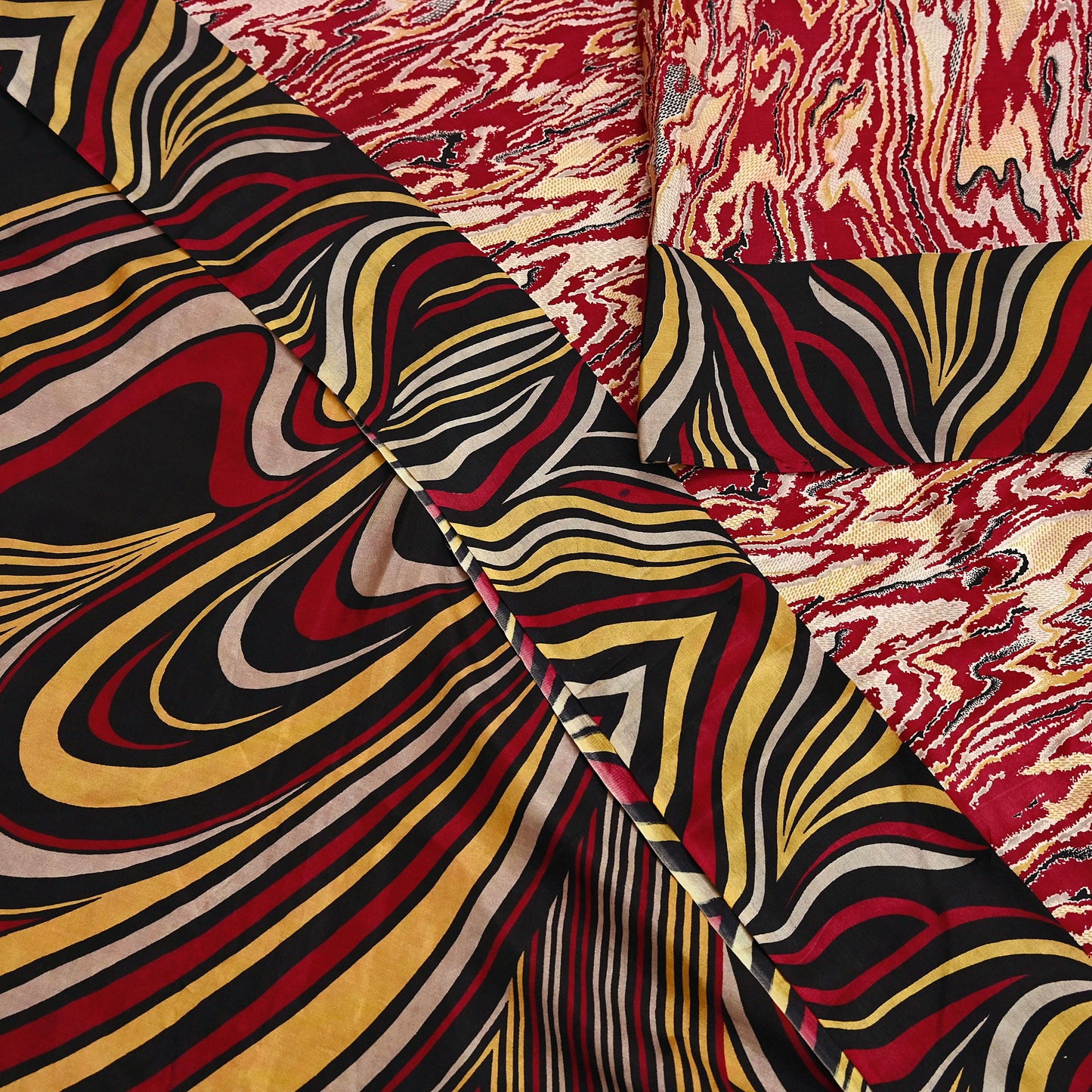 Indian Vintage Sari Black & Red Pure Silk Printed Sarees 5yd Sewing Craft Fabric Dress Making Soft Quilting Crafting Upcycle Used Abstract