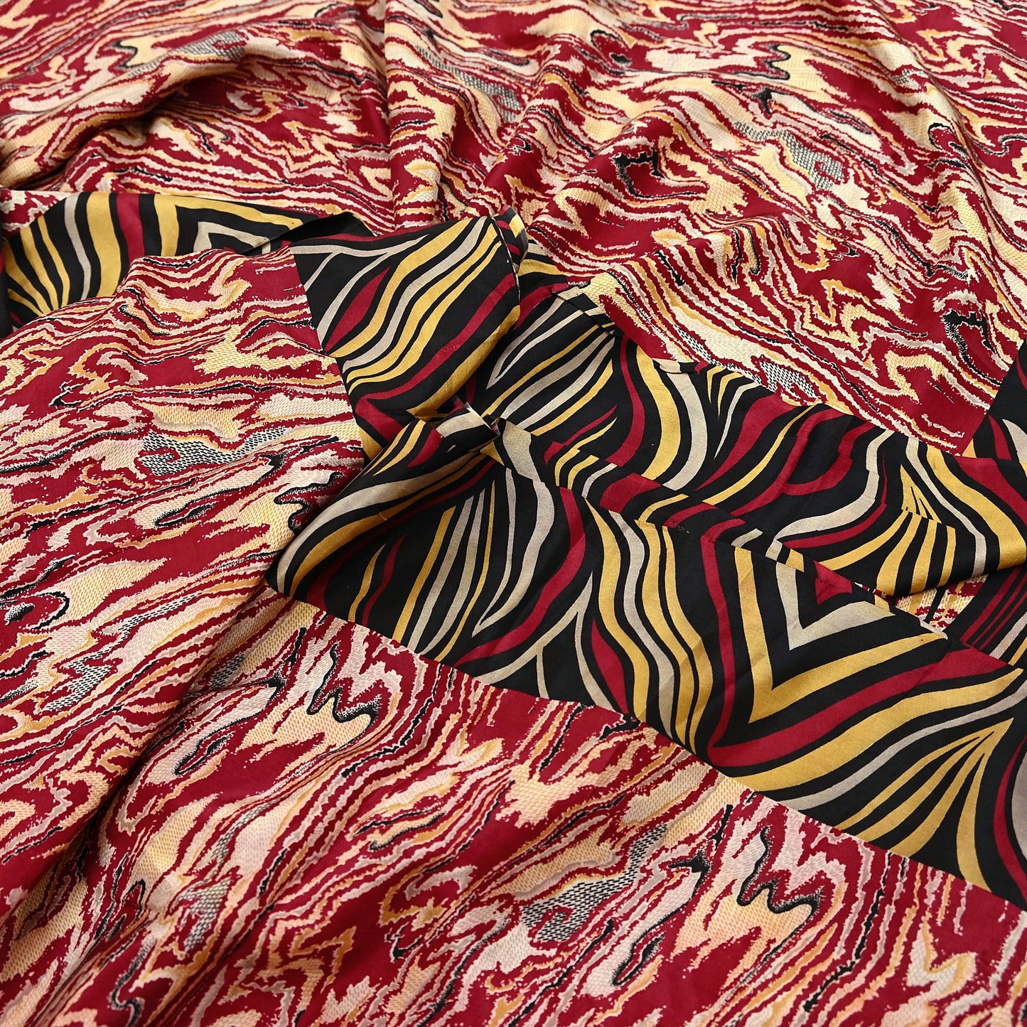 Indian Vintage Sari Black & Red Pure Silk Printed Sarees 5yd Sewing Craft Fabric Dress Making Soft Quilting Crafting Upcycle Used Abstract