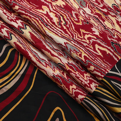 Indian Vintage Sari Black & Red Pure Silk Printed Sarees 5yd Sewing Craft Fabric Dress Making Soft Quilting Crafting Upcycle Used Abstract