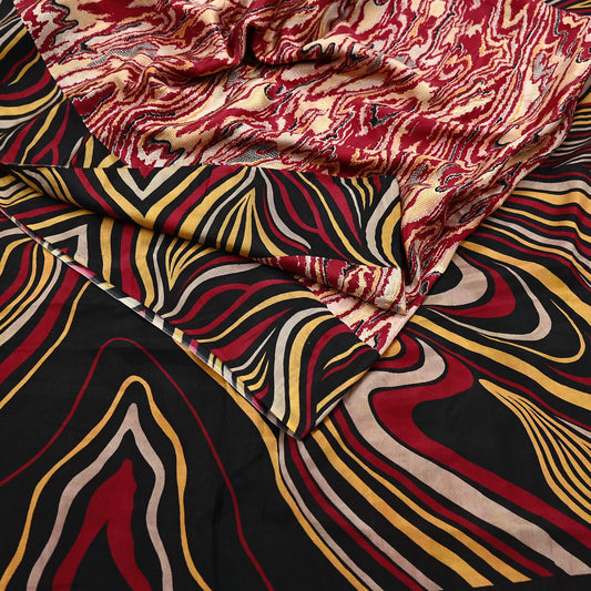 Indian Vintage Sari Black & Red Pure Silk Printed Sarees 5yd Sewing Craft Fabric Dress Making Soft Quilting Crafting Upcycle Used Abstract